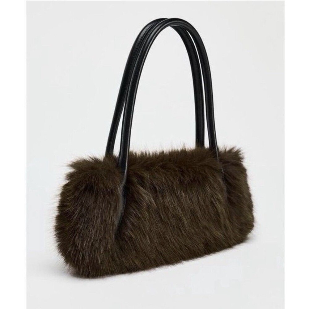 ZARA Limited Edition Faux Fur Shoulder Bag Brown Leather Handle NWT Sold Out